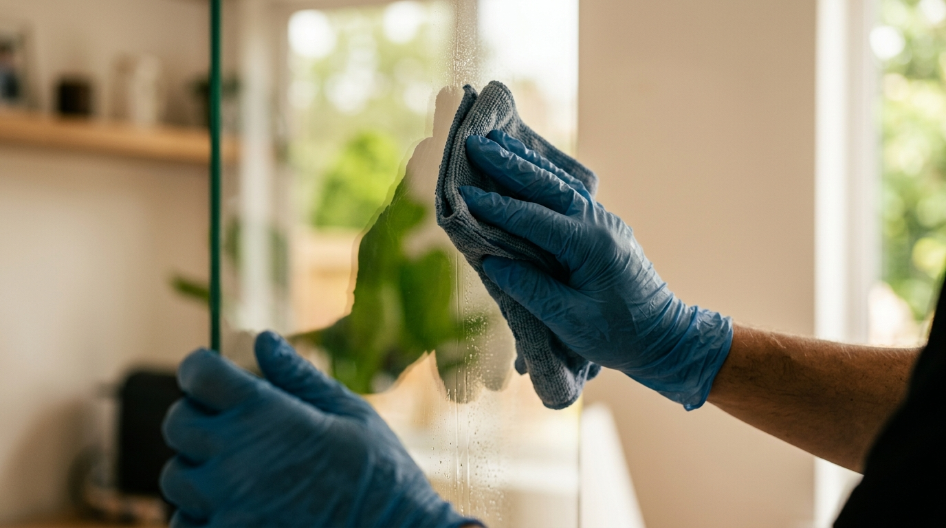 Manos con guantes limpiando una superficie de vidrio